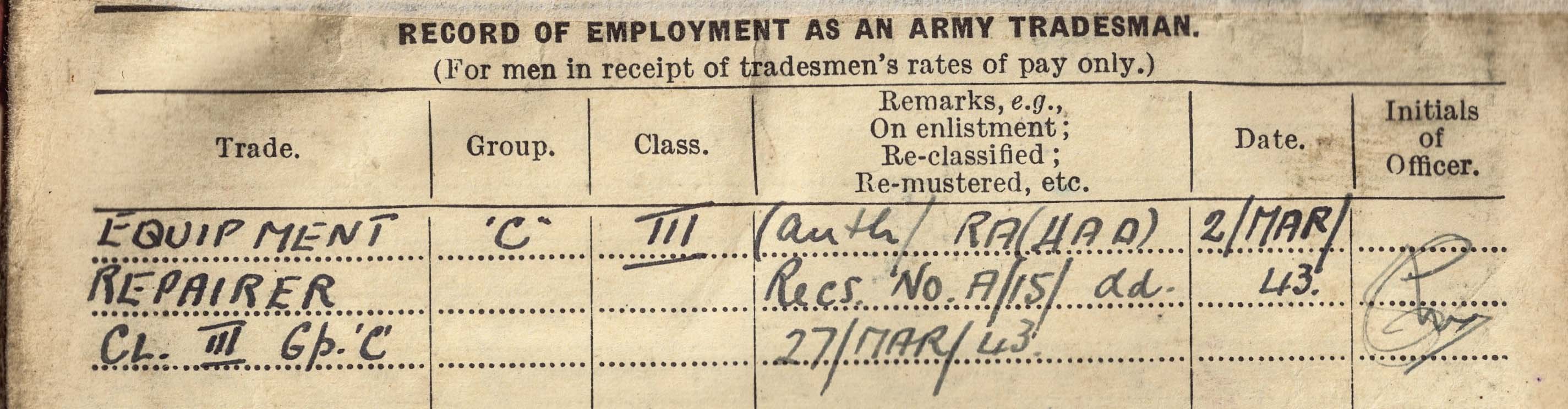 record of employment as an army tradesman - Henry Adler